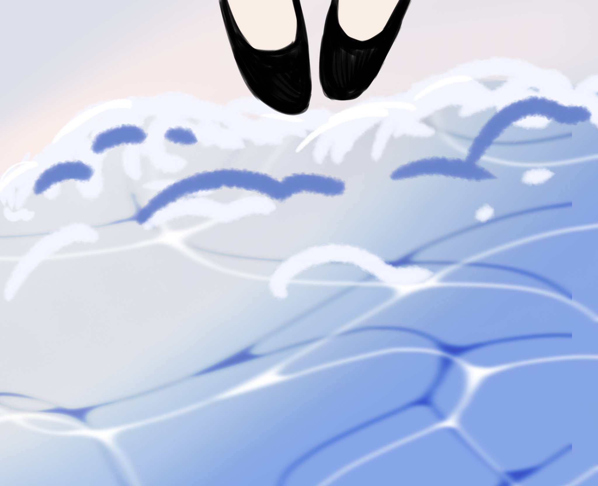 波打ち際に立っている藍漂れいねの足元のイラスト